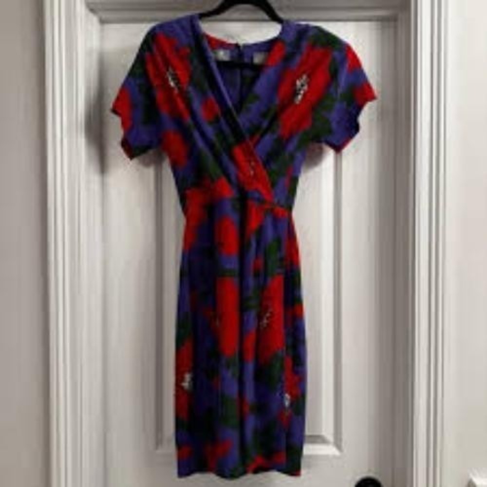 Liz Claiborne Wrap Dress Women's Size 14 Blue Red Floral V-Neck Vintage Silk